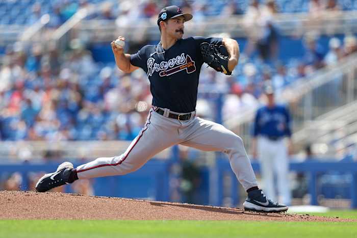 Mar 9, 2023; Dunedin, Florida, USA; Atlanta Braves pitcher Spencer Strider (99) throws a pitch against the Toronto Blue Jays in the first inning at Amalie Arena. Mandatory Credit: Nathan Ray Seebeck-USA TODAY Sports